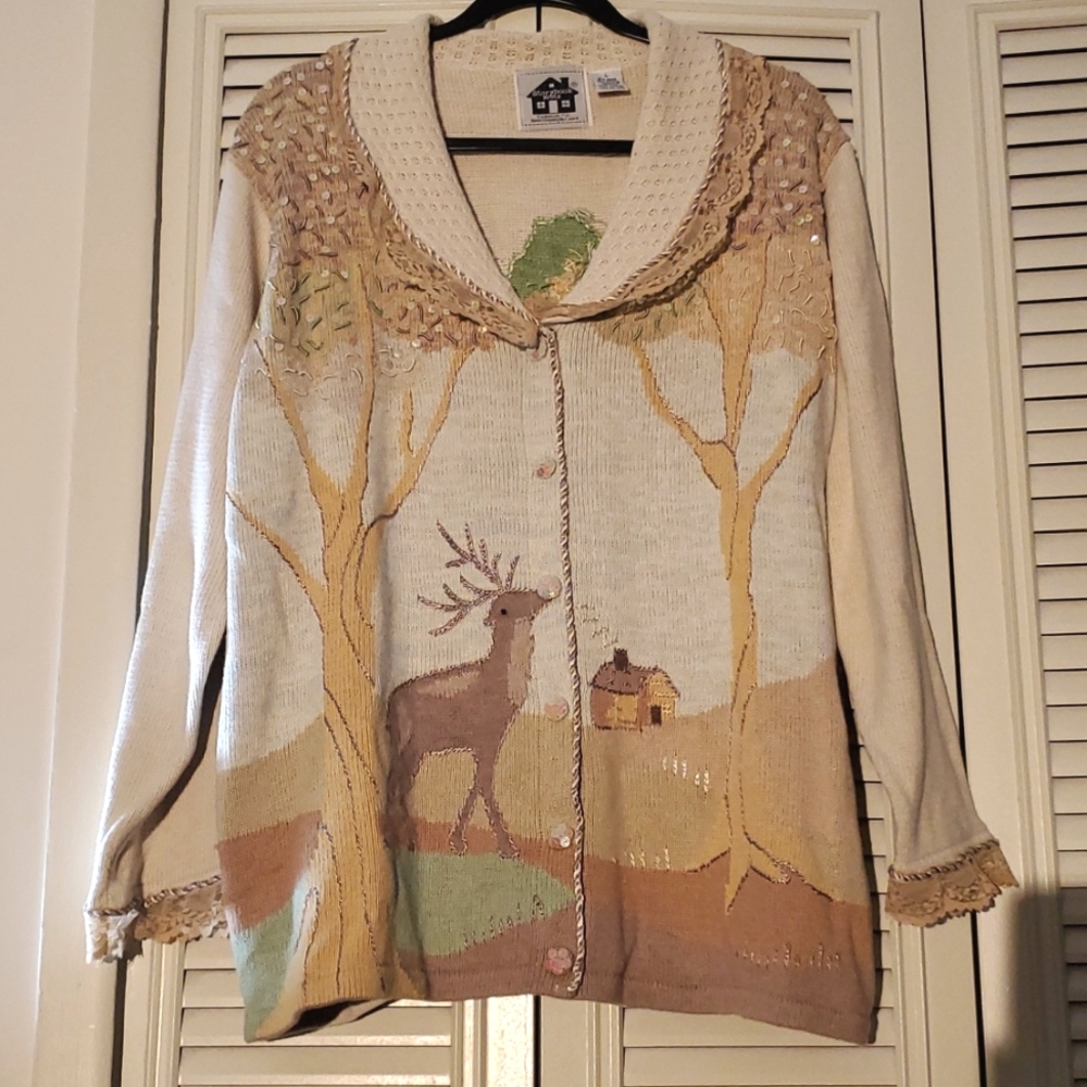 Like new! Vintage Storybook Knits cabin, forest & deer embellished lace sweater